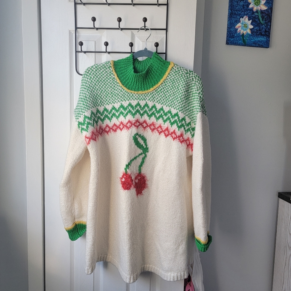Free People Cream and Green Turtleneck Dress with Cherry Design